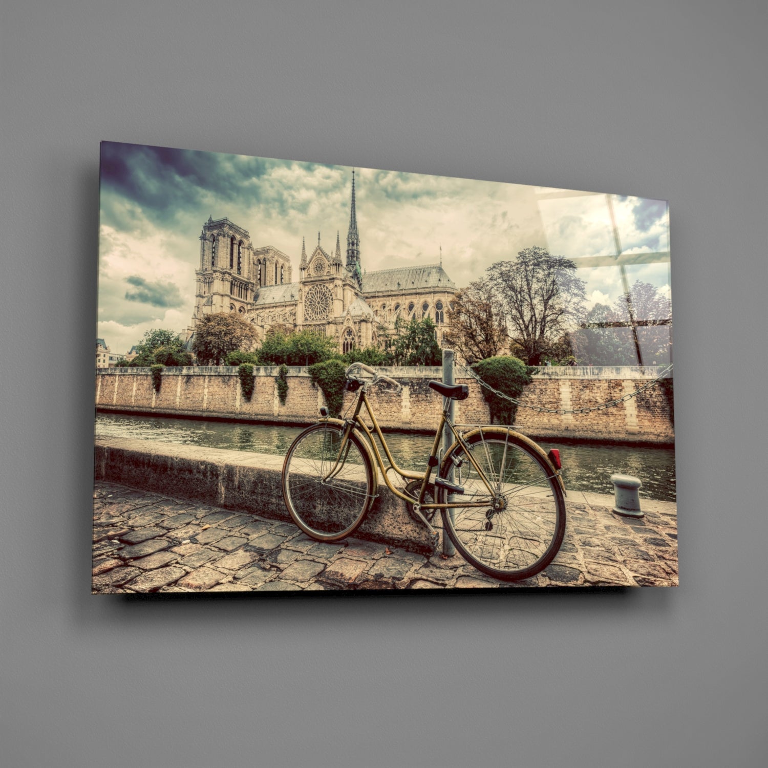 Cobblestone Riverside Bicycle Sepia View Glass Wall Art