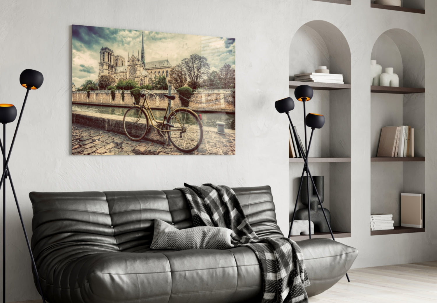 Cobblestone Riverside Bicycle Sepia View Glass Wall Art