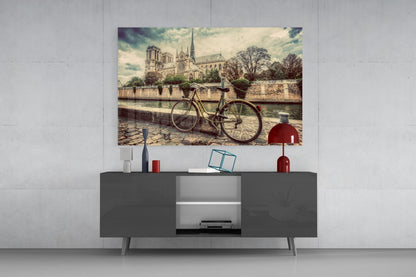 Cobblestone Riverside Bicycle Sepia View Glass Wall Art