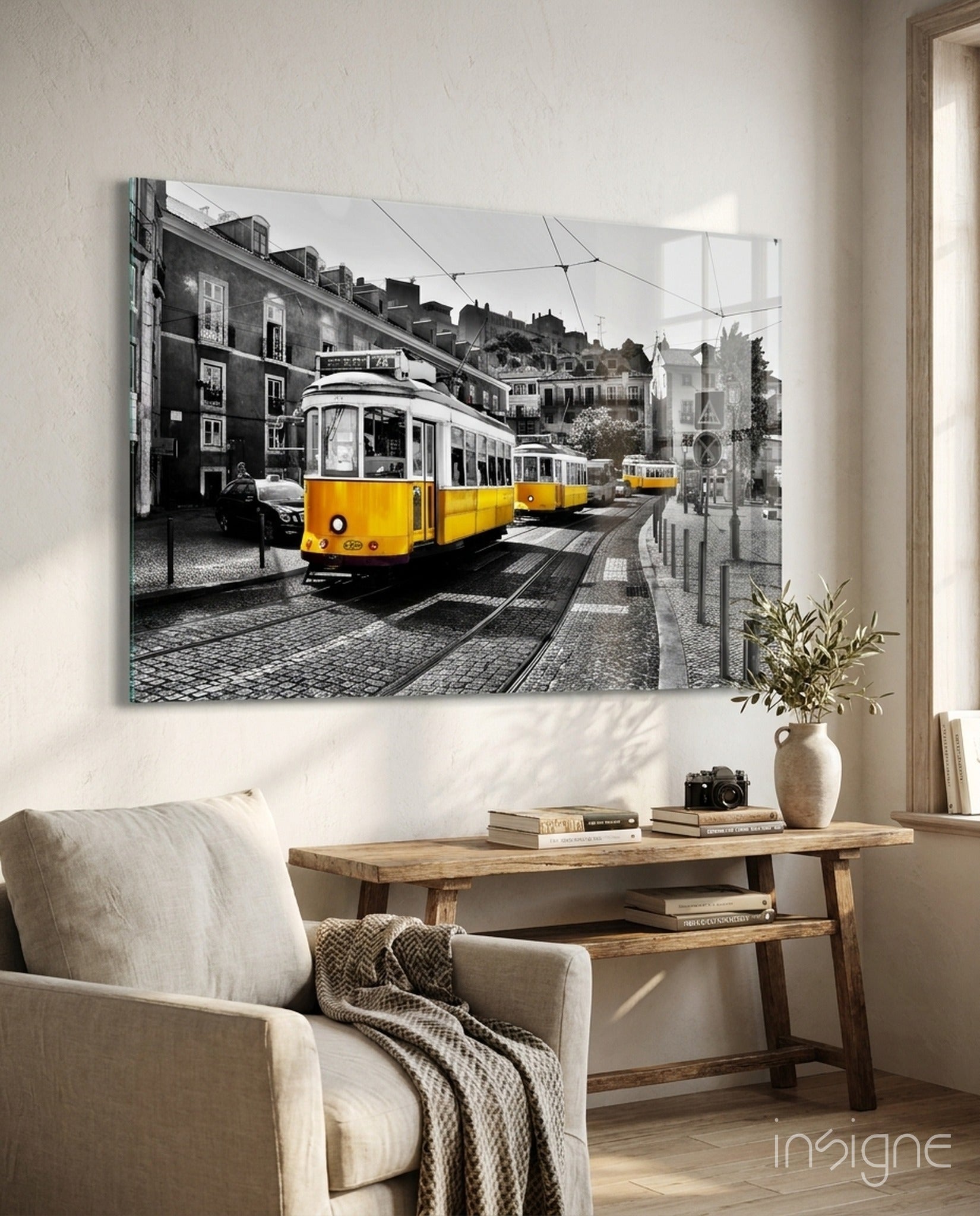 Yellow Tram (Lisbon) Glass Wall Art
