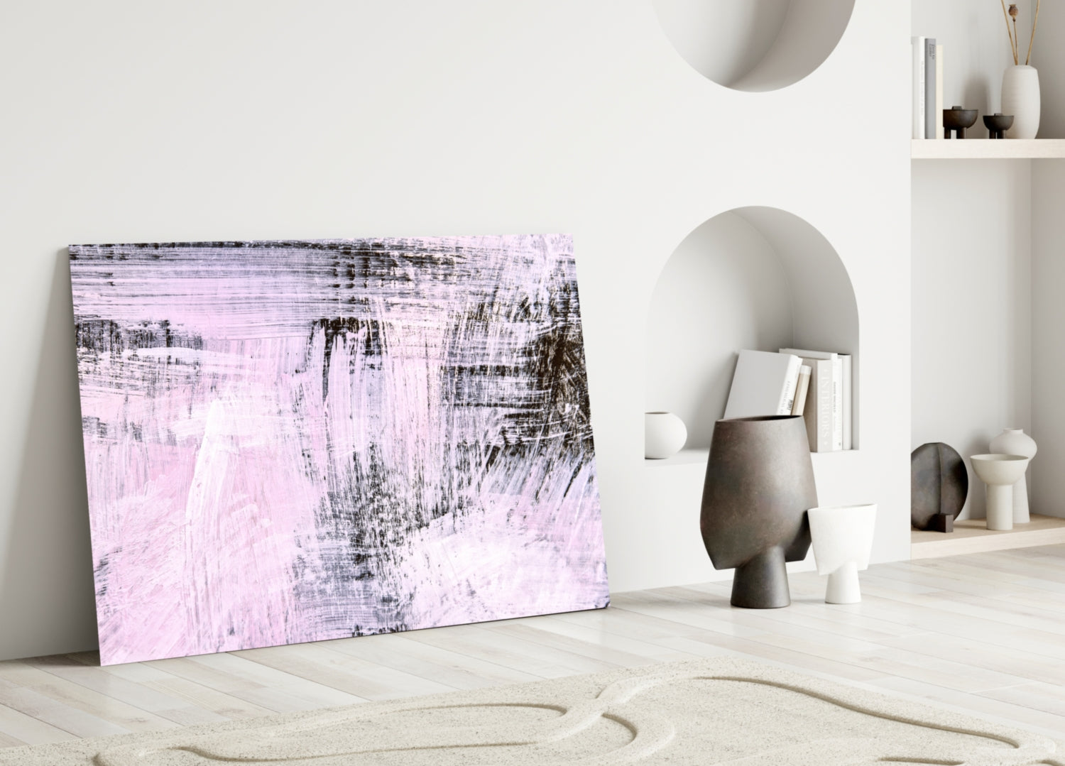 Blush Pink Black Brushstroke Glass Wall Art
