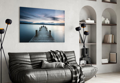 Panoramic Dusk Lake Jetty Glass Wall Art