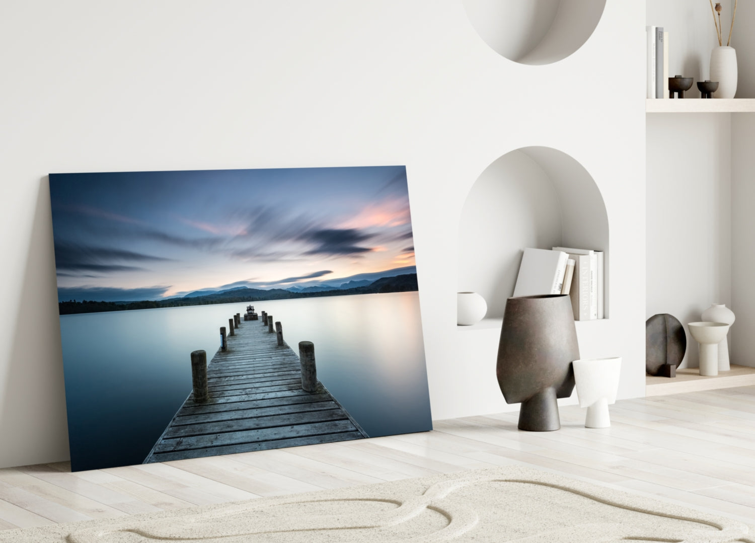 Panoramic Dusk Lake Jetty Glass Wall Art