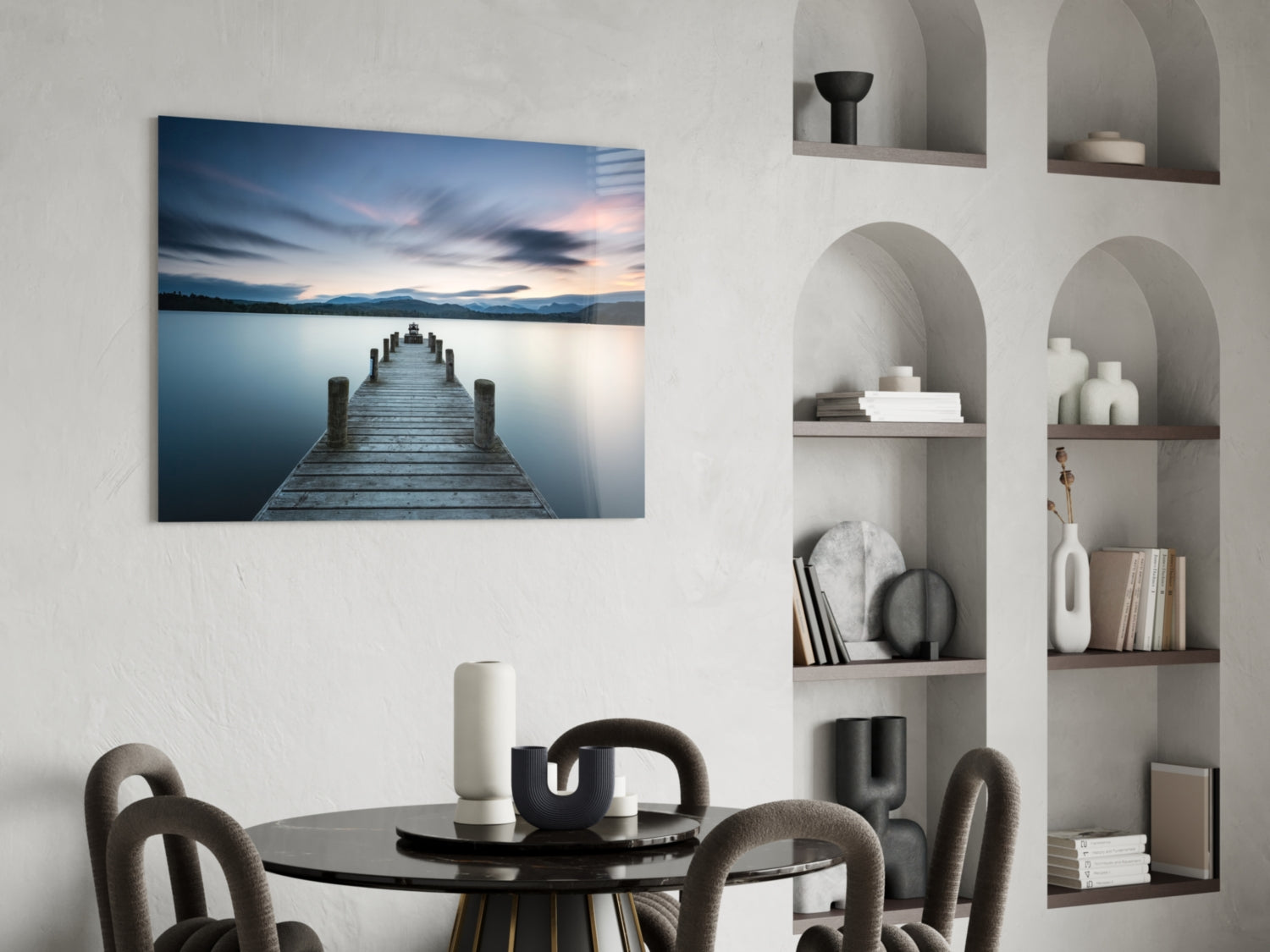 Panoramic Dusk Lake Jetty Glass Wall Art