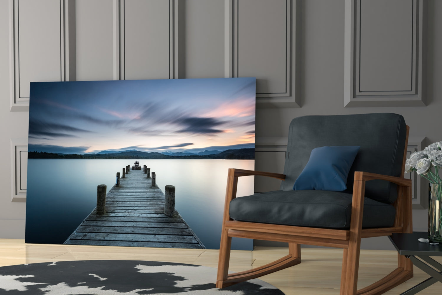 Panoramic Dusk Lake Jetty Glass Wall Art