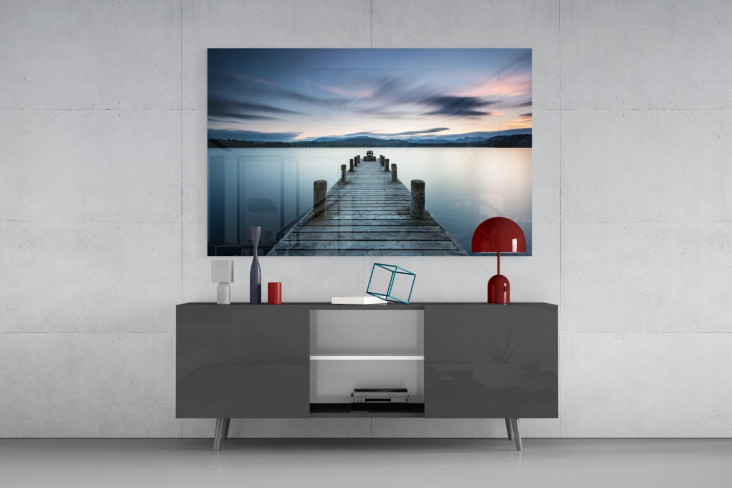 Panoramic Dusk Lake Jetty Glass Wall Art