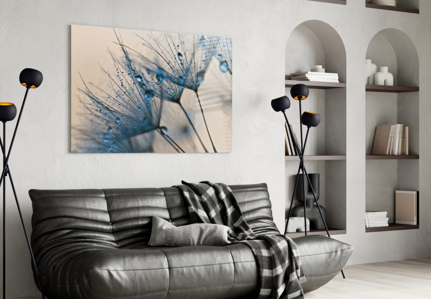Blue Dandelion Water Drops Glass Wall Art