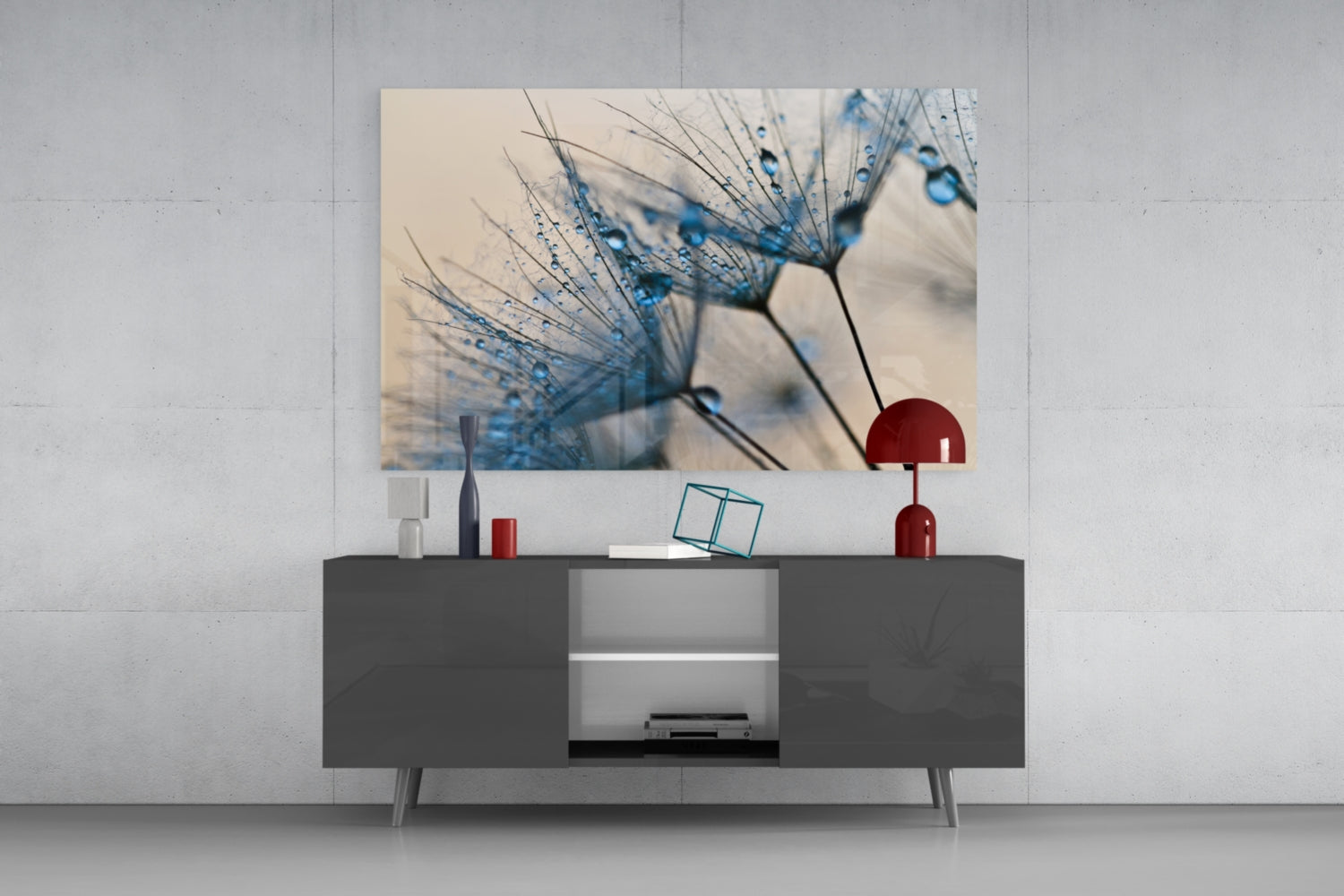 Blue Dandelion Water Drops Glass Wall Art