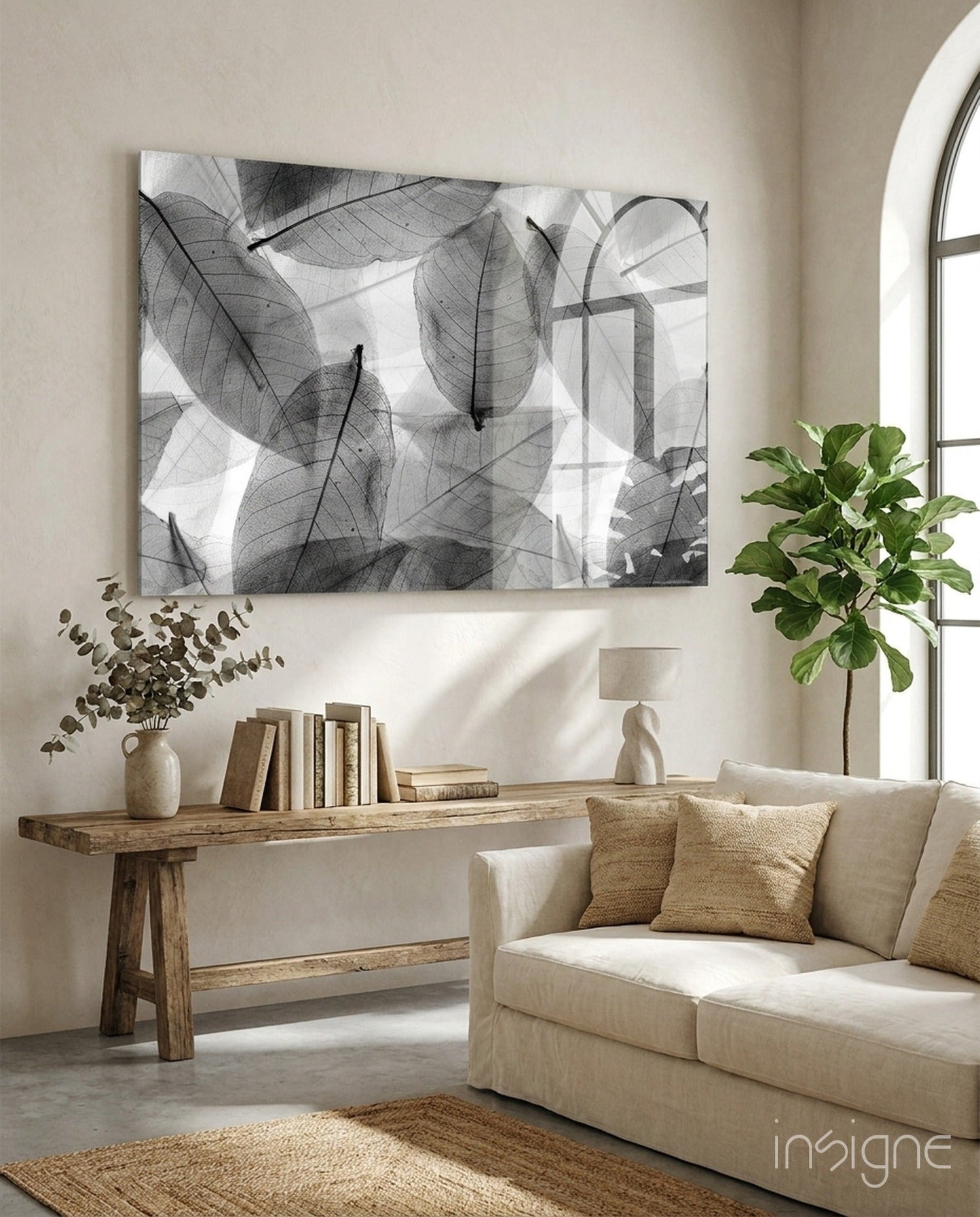Black - White Leaves Glass Wall Art