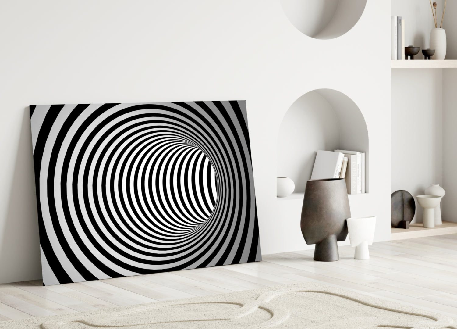 Wide Black And White Wormhole Illusion Glass Wall Art