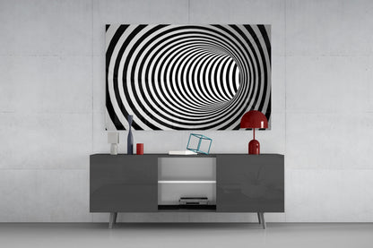 Wide Black And White Wormhole Illusion Glass Wall Art
