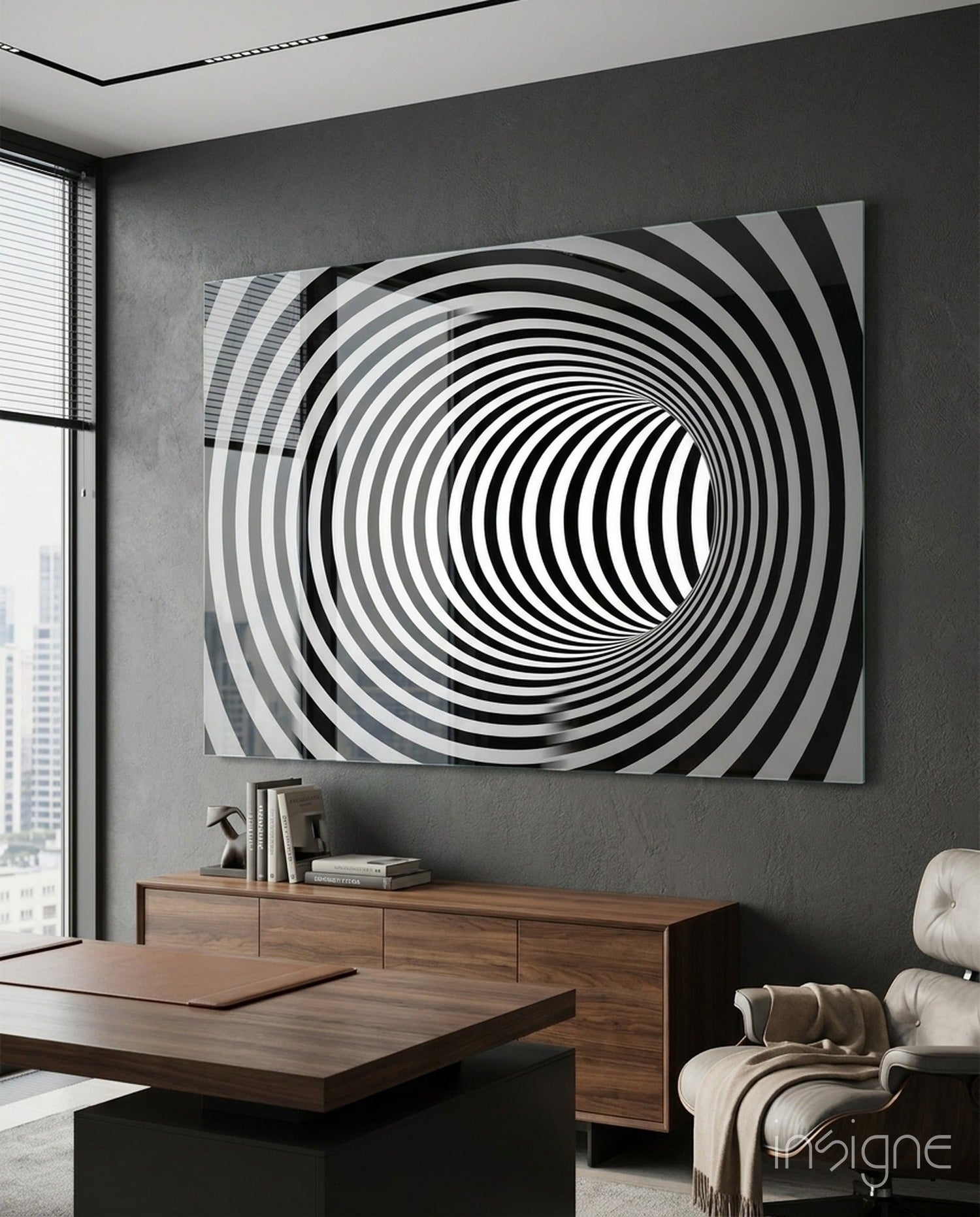 Wide Black And White Wormhole Illusion Glass Wall Art