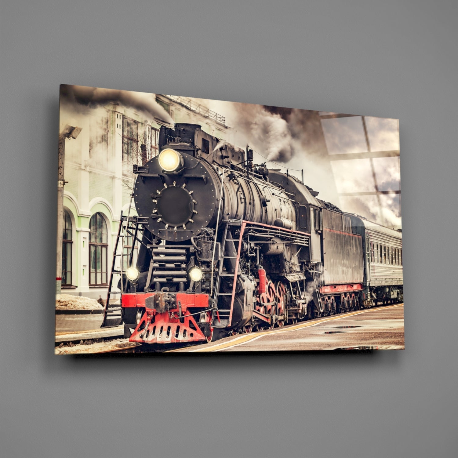 Red Steam Train At Sepia Station Glass Wall Art