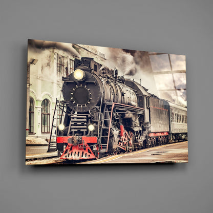 Red Steam Train At Sepia Station Glass Wall Art