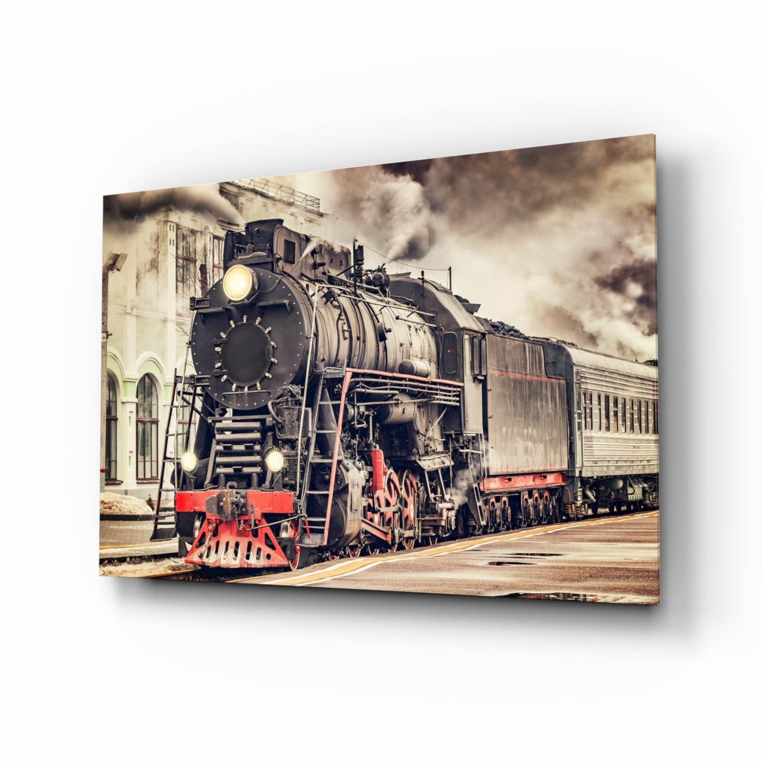 Red Steam Train At Sepia Station Glass Wall Art