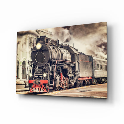 Red Steam Train At Sepia Station Glass Wall Art