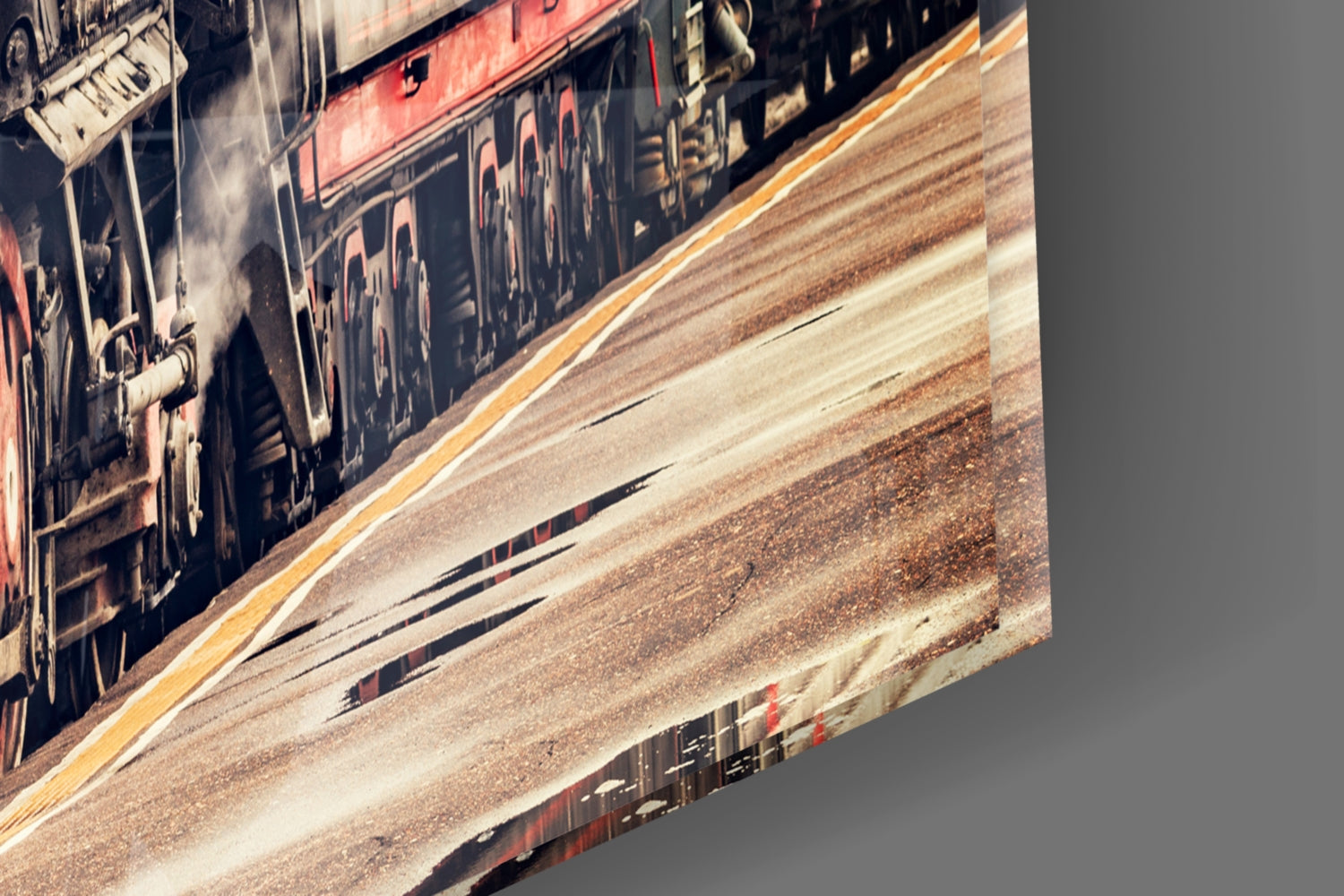 Red Steam Train At Sepia Station Glass Wall Art