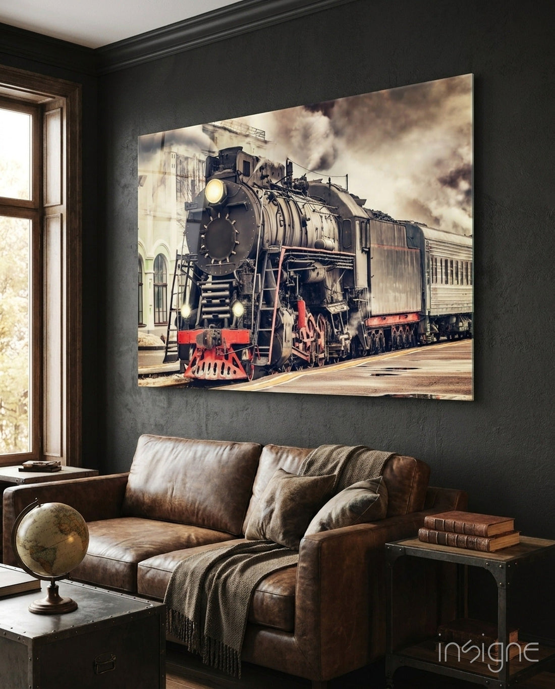 Red Steam Train At Sepia Station Glass Wall Art