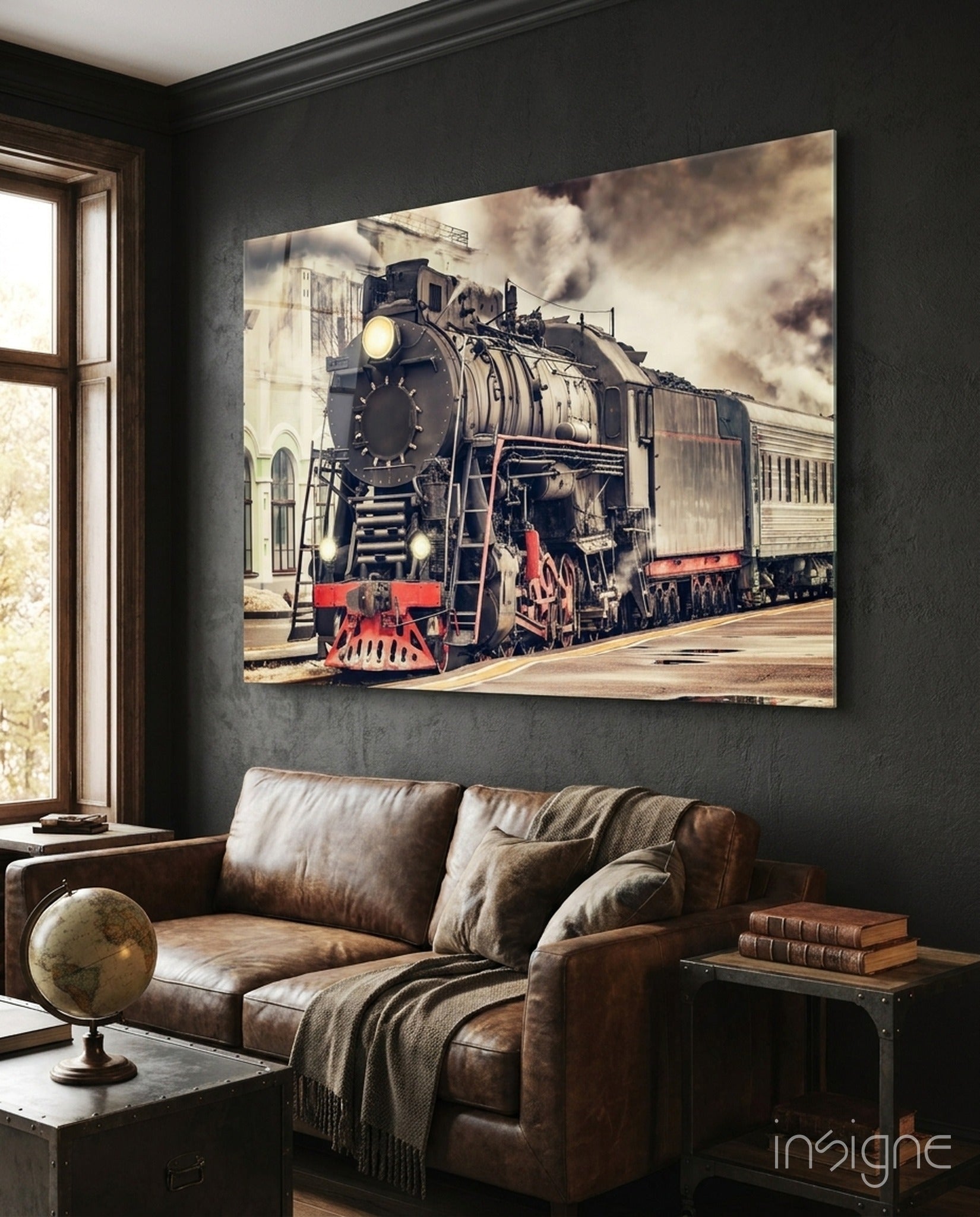 Red Steam Train At Sepia Station Glass Wall Art