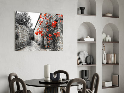 Red Roses Over Gray Stone Alley Glass Wall Art