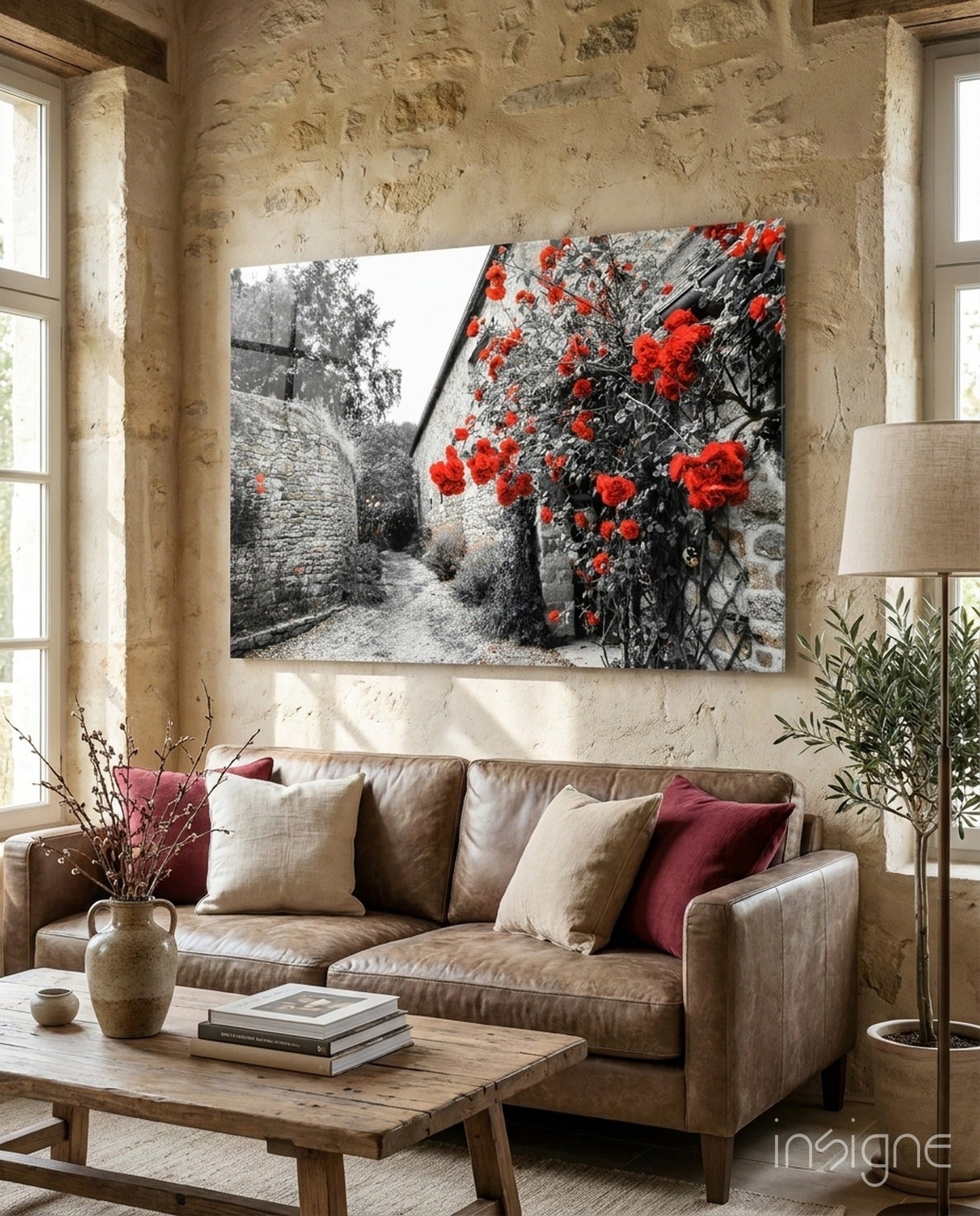 Red Roses Over Gray Stone Alley Glass Wall Art