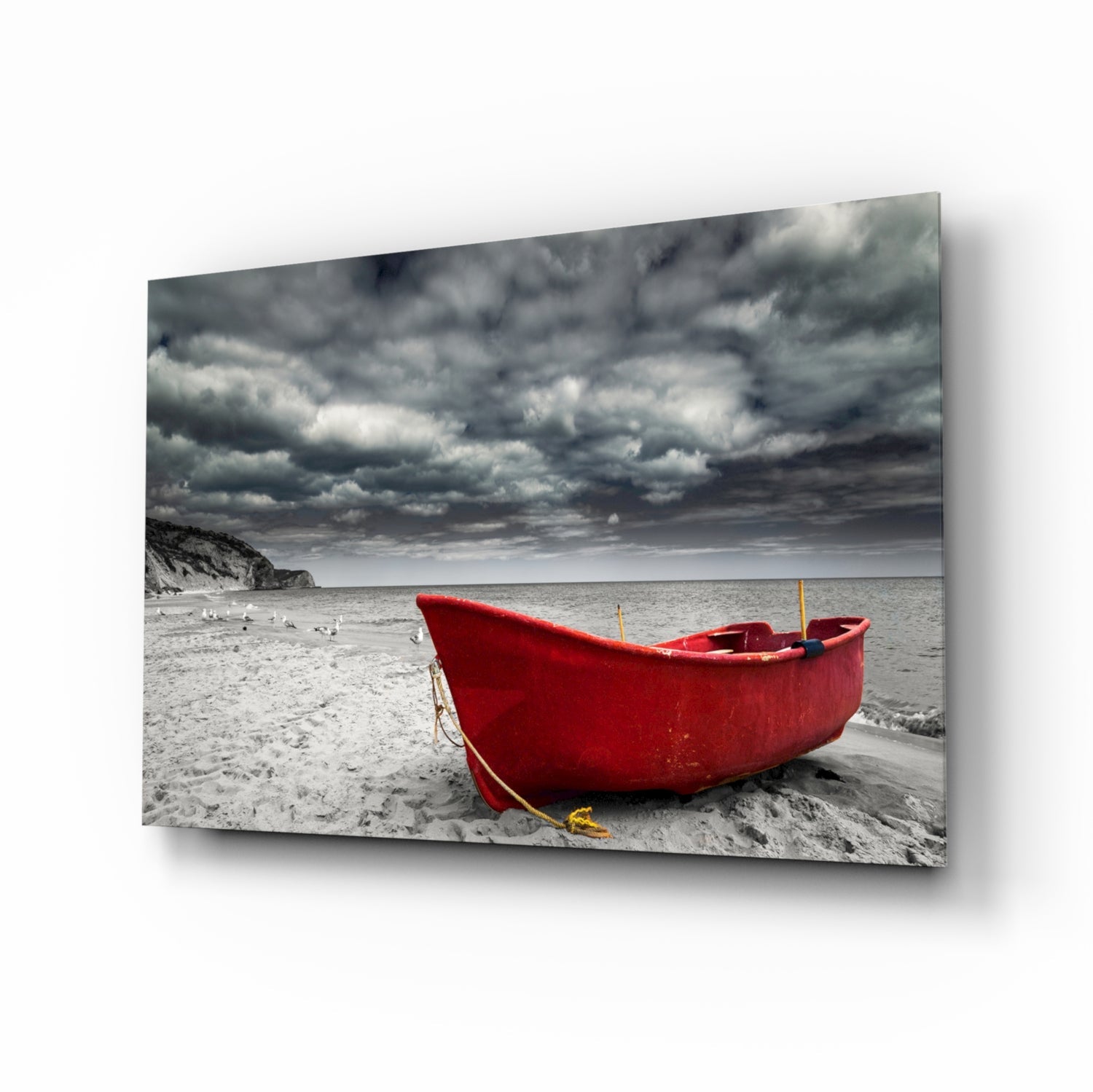 Scarlet Boat Under Dark Clouds Glass Wall Art