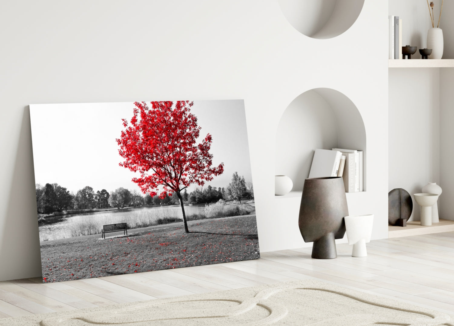 Lone Red Tree Bench Glass Wall Art