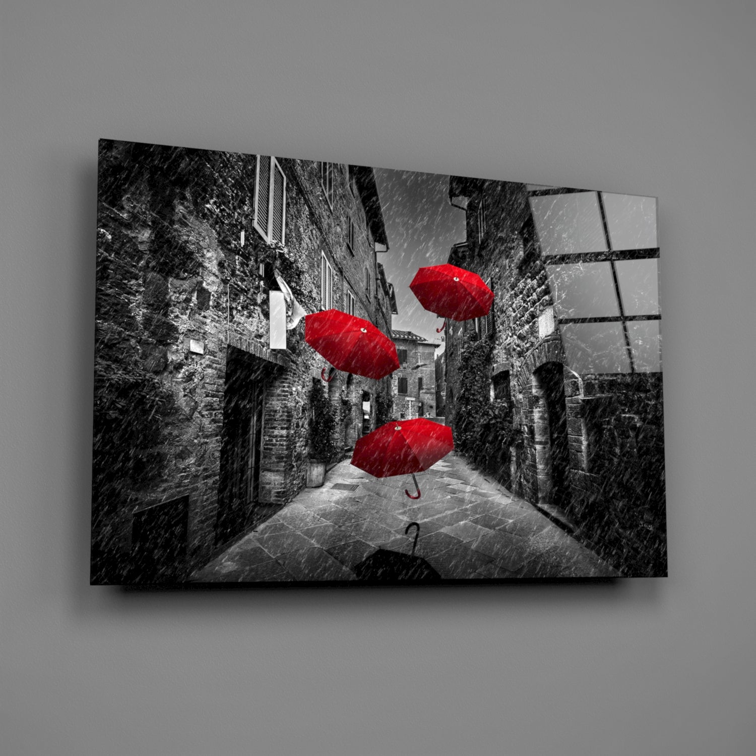 Three Red Umbrellas Rainy Alley Glass Wall Art