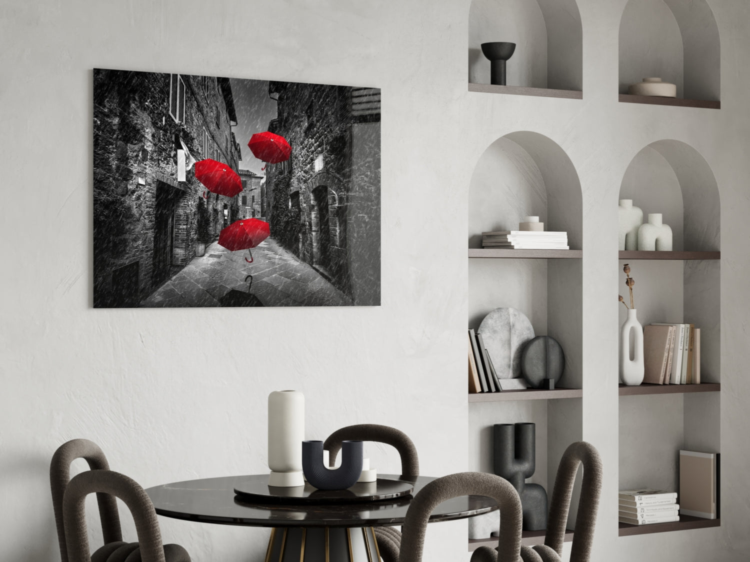 Three Red Umbrellas Rainy Alley Glass Wall Art