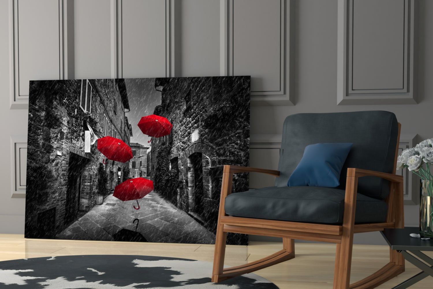 Three Red Umbrellas Rainy Alley Glass Wall Art