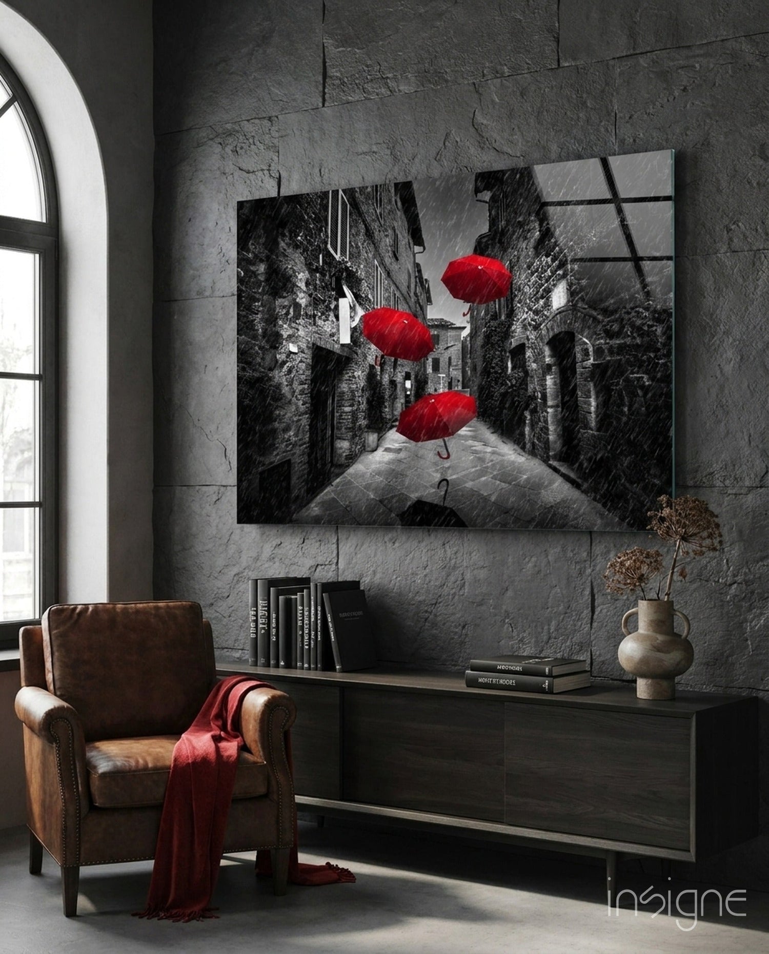 Three Red Umbrellas Rainy Alley Glass Wall Art