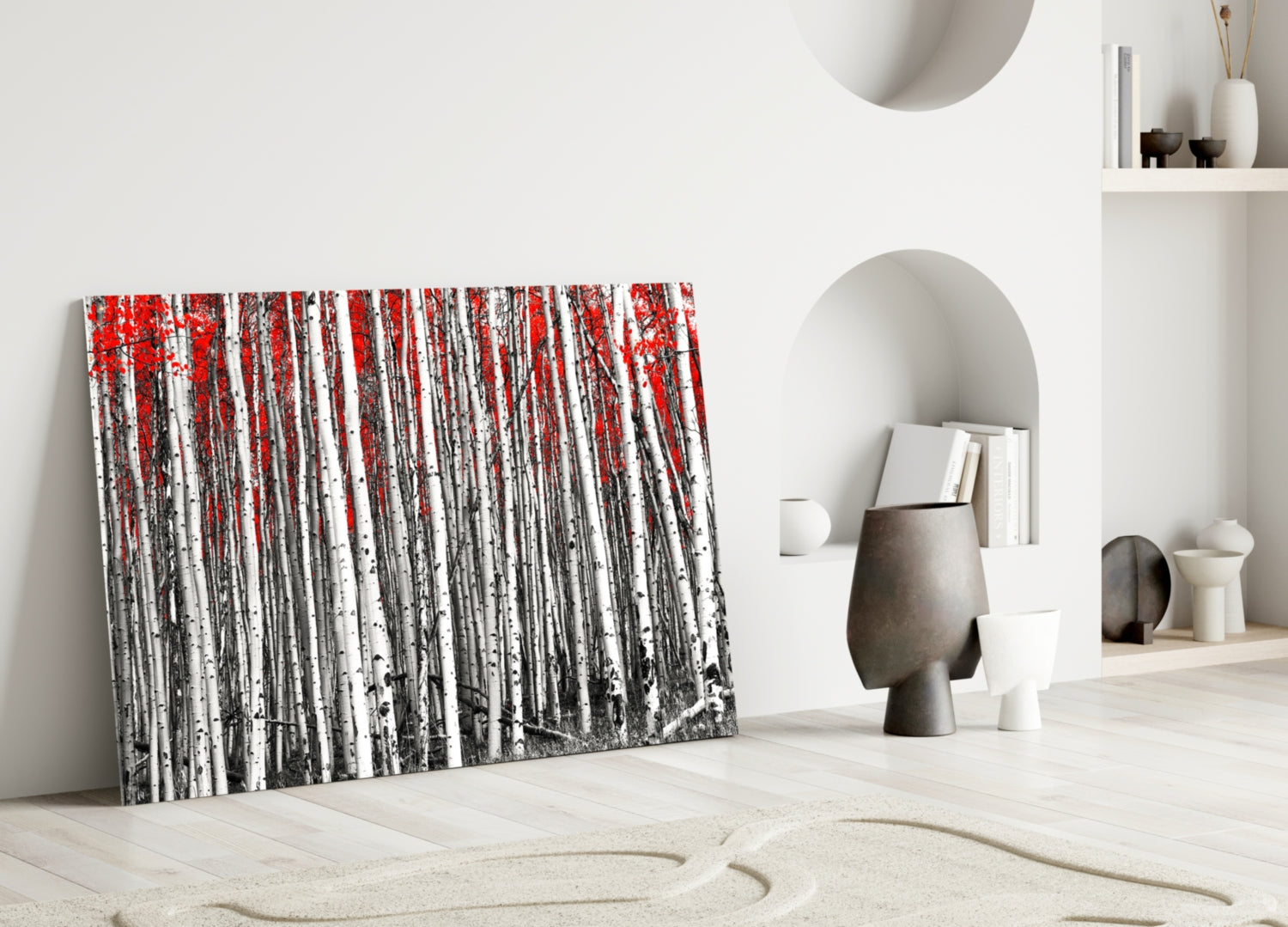 Wide Panoramic Birch Forest Red Treetops Glass Wall Art