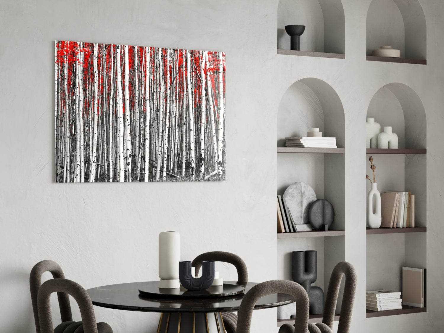 Wide Panoramic Birch Forest Red Treetops Glass Wall Art