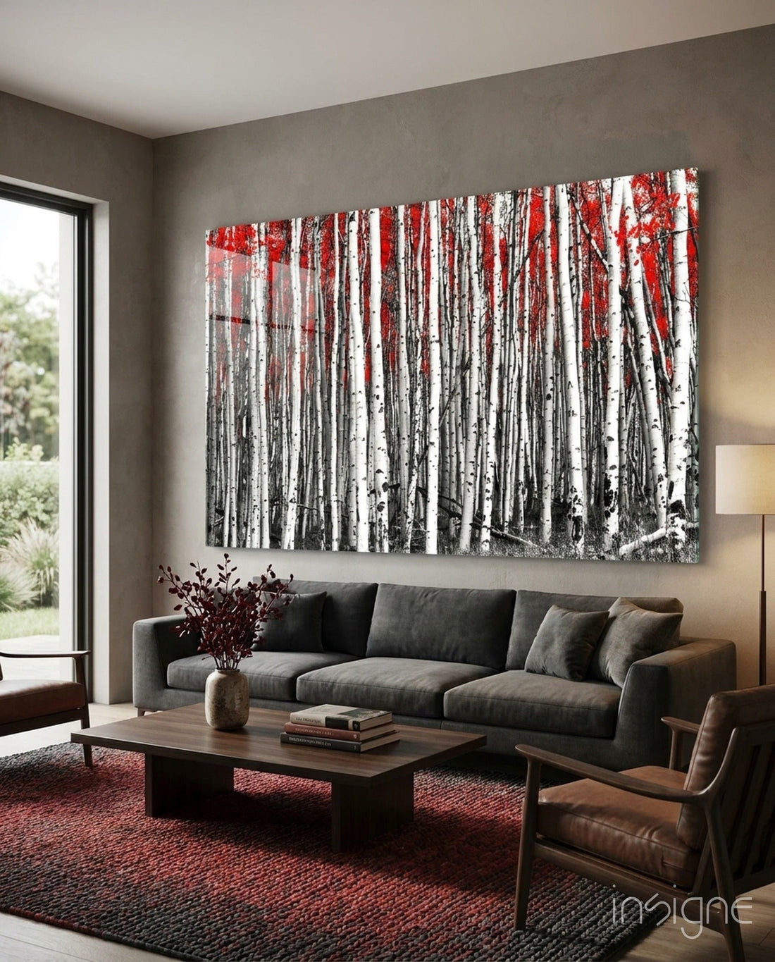 Wide Panoramic Birch Forest Red Treetops Glass Wall Art