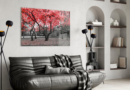 Crimson Autumn Park Trees Glass Wall Art