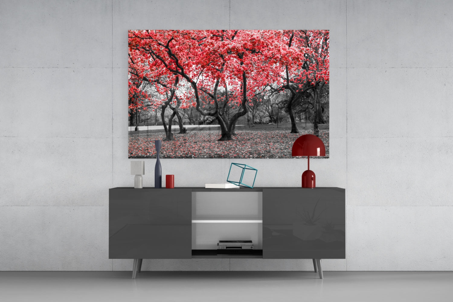 Crimson Autumn Park Trees Glass Wall Art