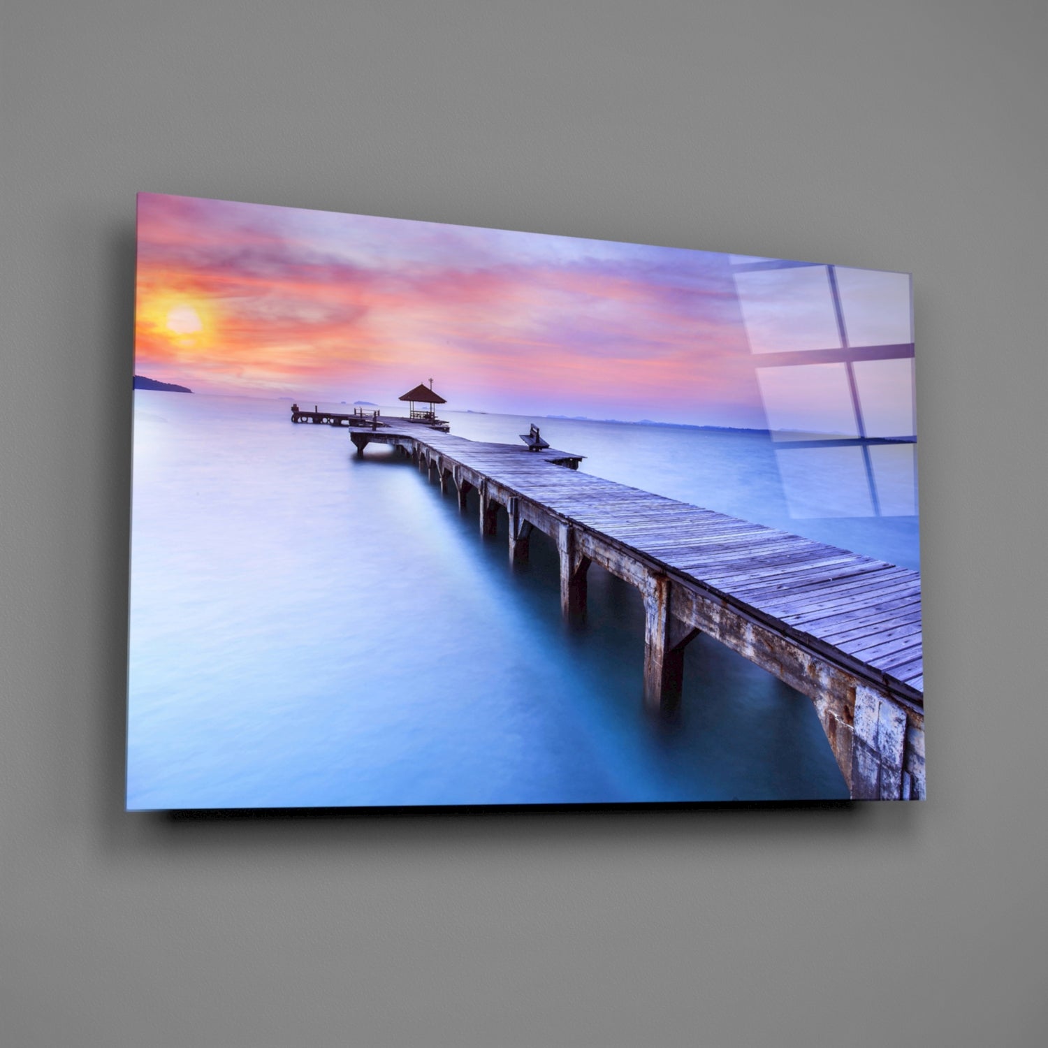 Violet Sunrise Wooden Pier Glass Wall Art