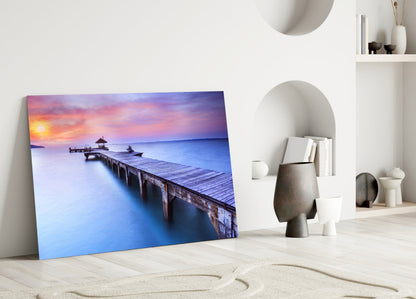 Violet Sunrise Wooden Pier Glass Wall Art