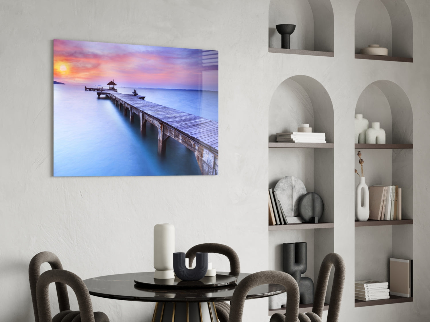Violet Sunrise Wooden Pier Glass Wall Art