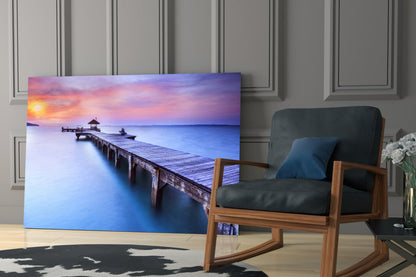 Violet Sunrise Wooden Pier Glass Wall Art