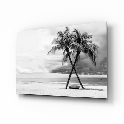 Black And White Twin Beach Palm Trees Glass Wall Art