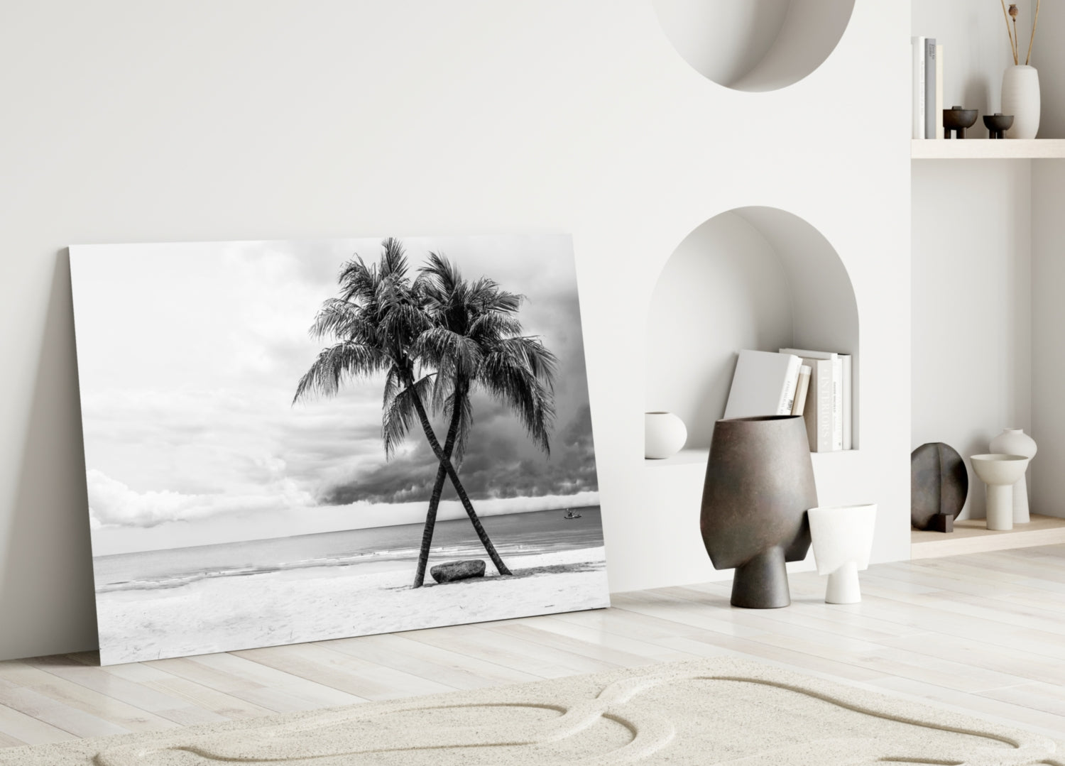Black And White Twin Beach Palm Trees Glass Wall Art