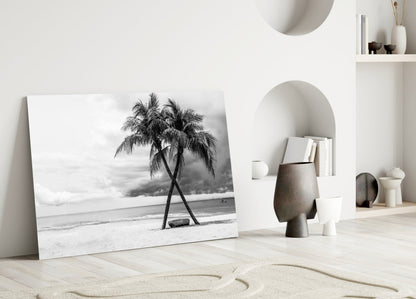 Black And White Twin Beach Palm Trees Glass Wall Art
