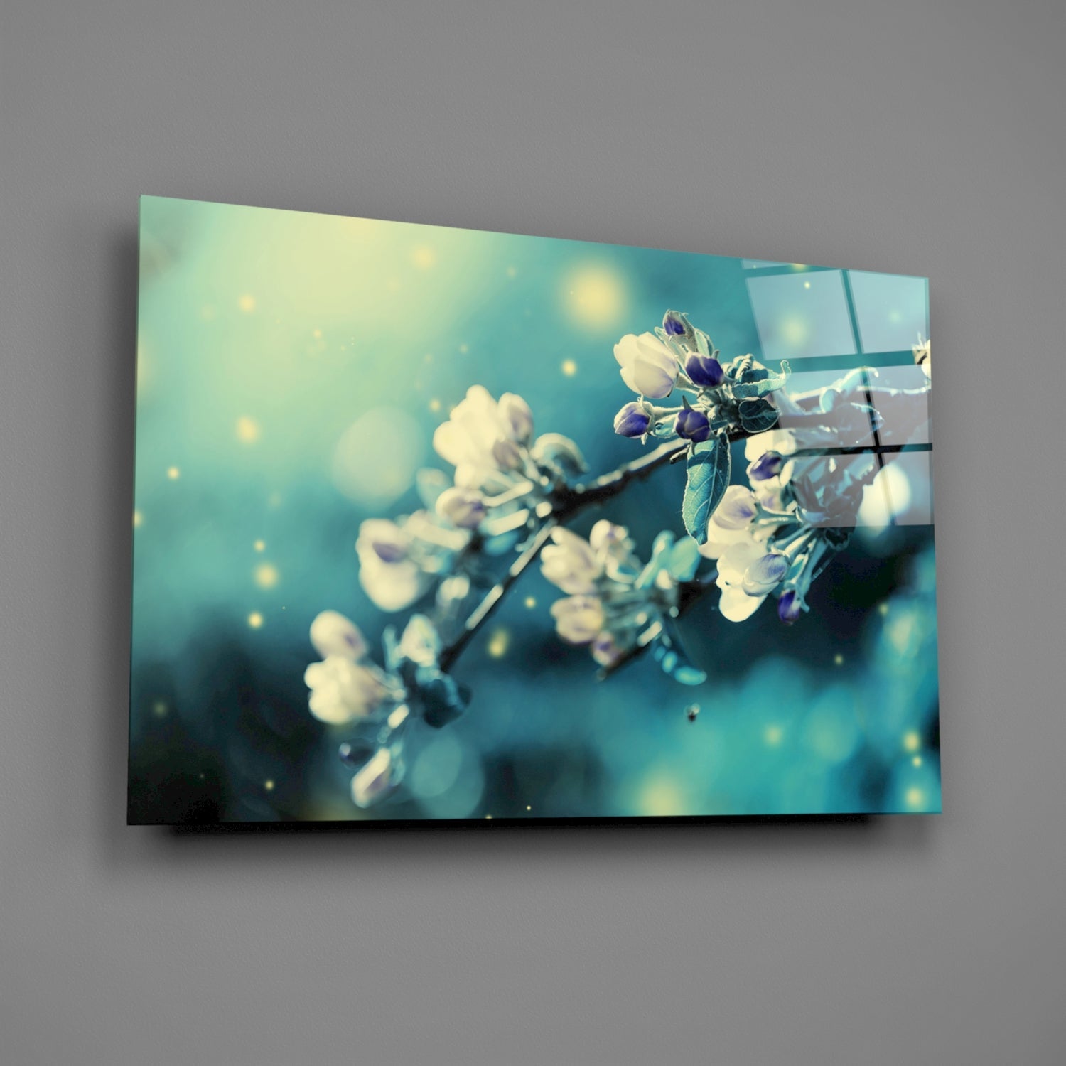 Teal Blossom Bokeh Branch Glass Wall Art