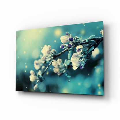 Teal Blossom Bokeh Branch Glass Wall Art