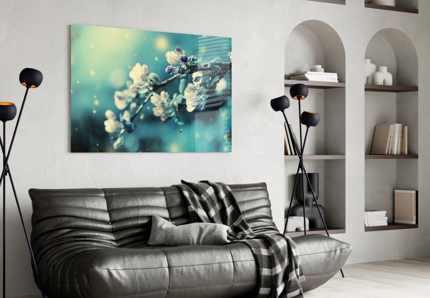Teal Blossom Bokeh Branch Glass Wall Art