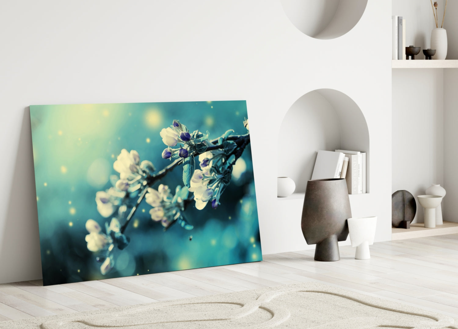 Teal Blossom Bokeh Branch Glass Wall Art