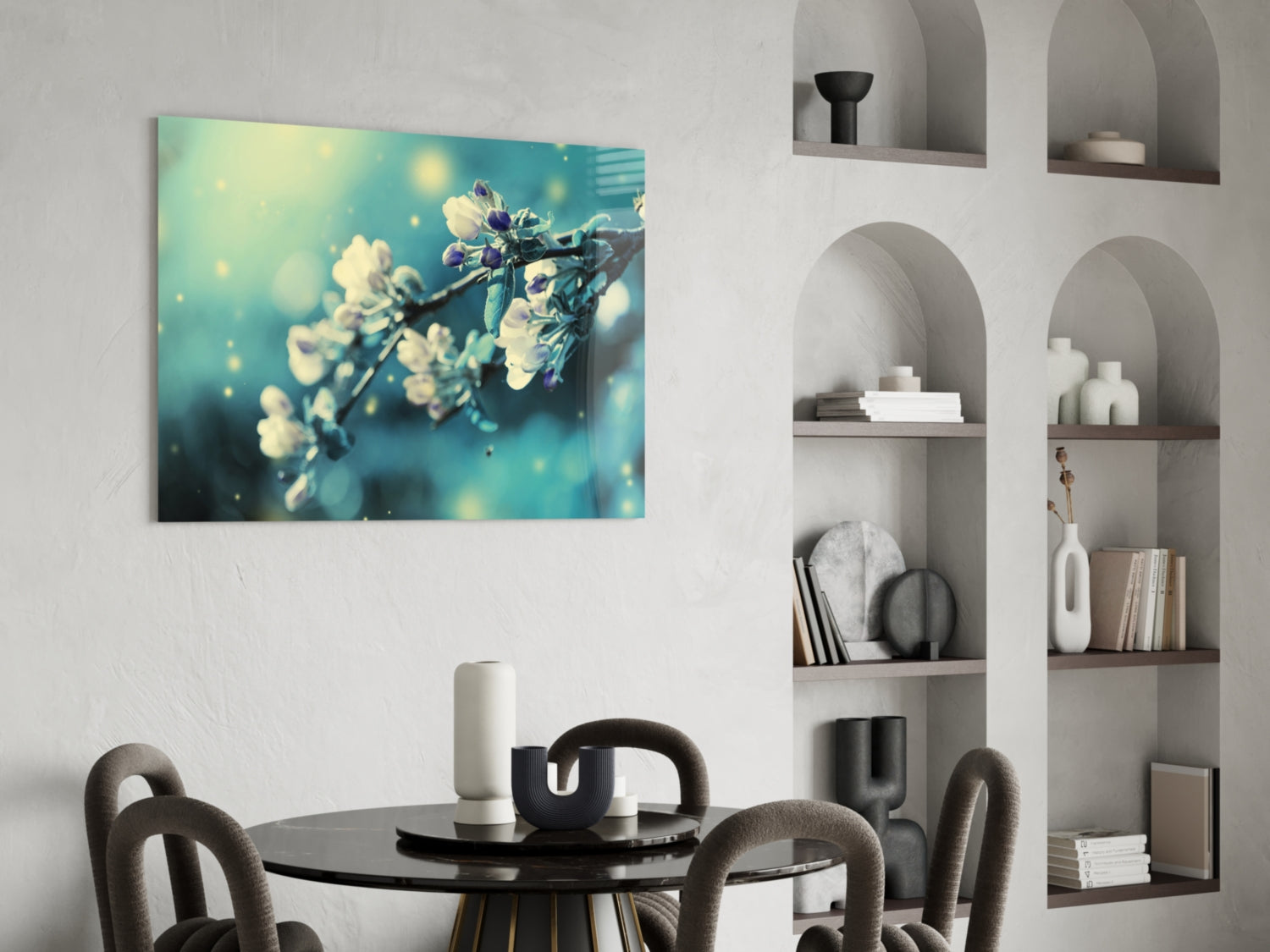 Teal Blossom Bokeh Branch Glass Wall Art