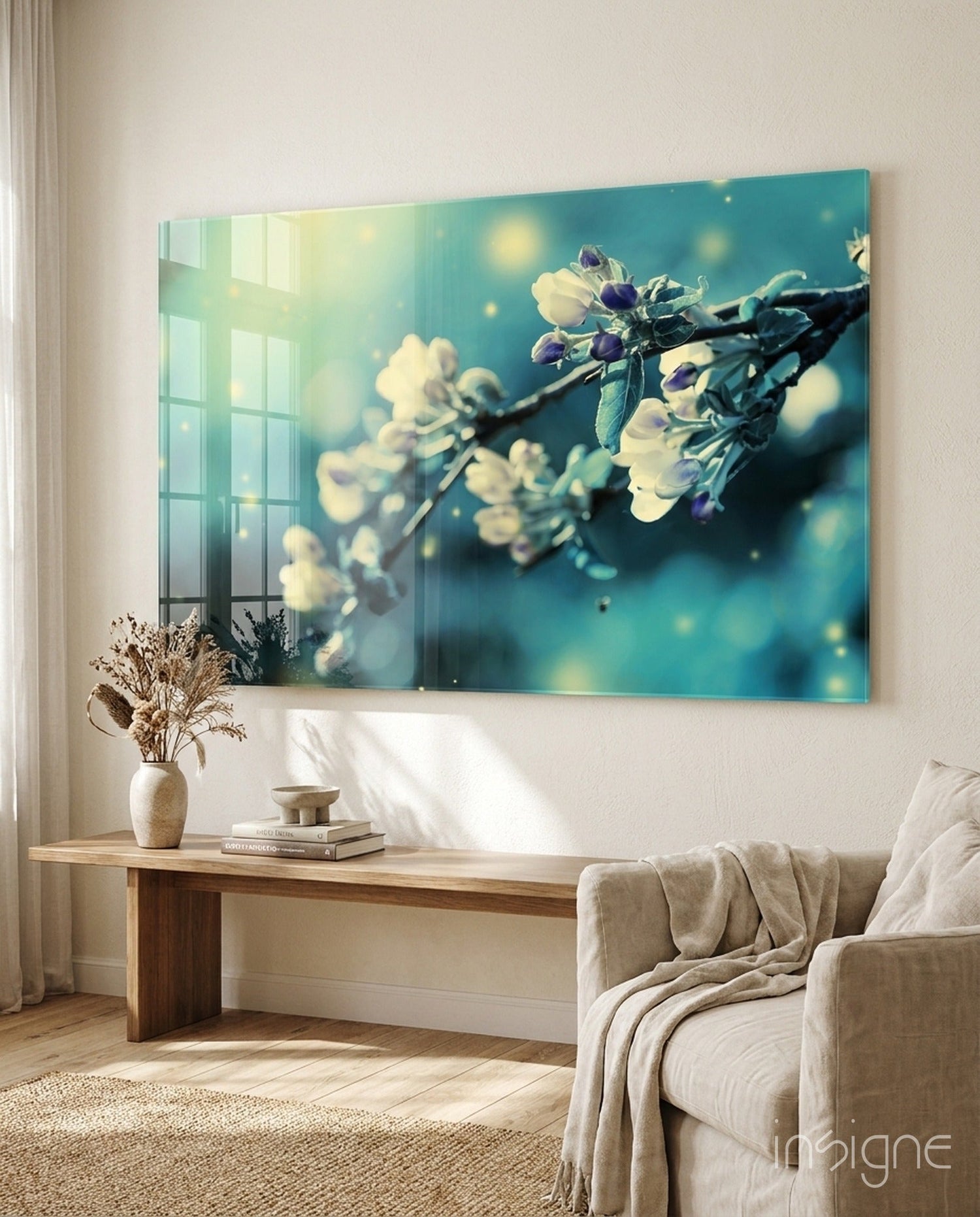 Teal Blossom Bokeh Branch Glass Wall Art