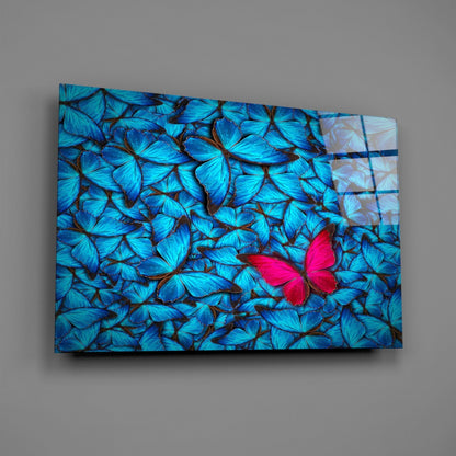 Magenta Butterfly Among Blue Glass Wall Art